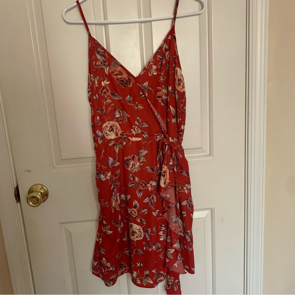 Red floral wrap dress